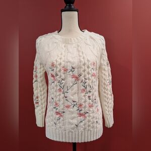 Floral Embroidered Cable Knit Sweater